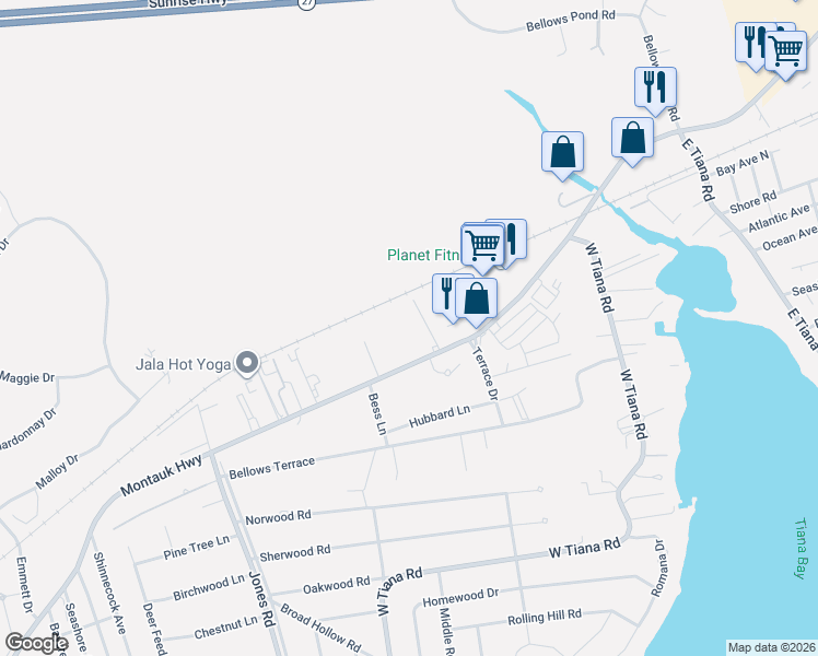 map of restaurants, bars, coffee shops, grocery stores, and more near 286 West Montauk Highway in Hampton Bays