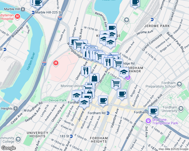map of restaurants, bars, coffee shops, grocery stores, and more near 2546 Grand Avenue in Bronx
