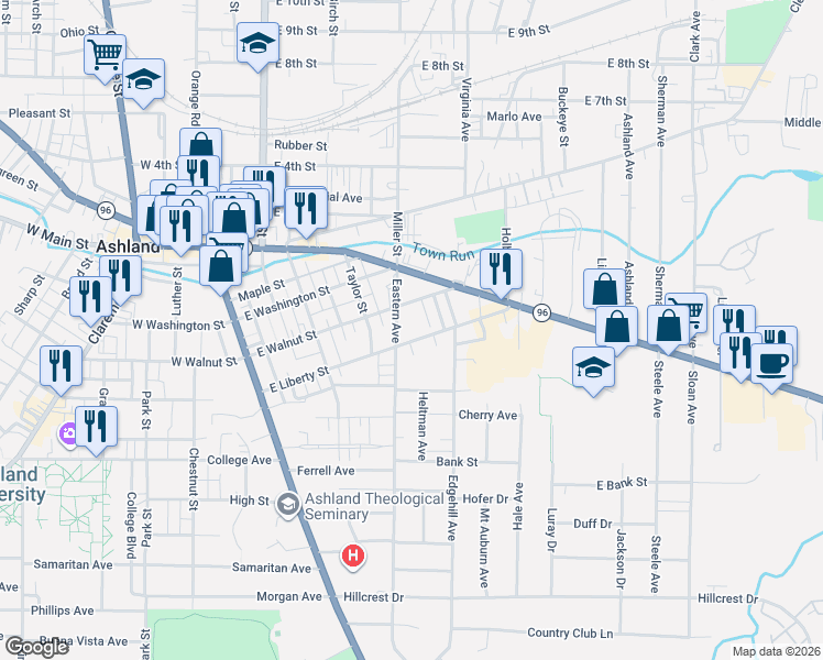 map of restaurants, bars, coffee shops, grocery stores, and more near 435 East Liberty Street in Ashland