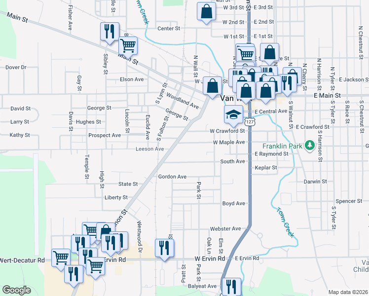 map of restaurants, bars, coffee shops, grocery stores, and more near 360 West Maple Avenue in Van Wert