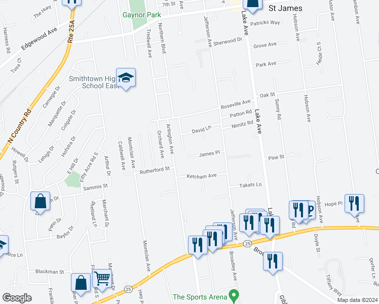 map of restaurants, bars, coffee shops, grocery stores, and more near 23 James Place in Saint James