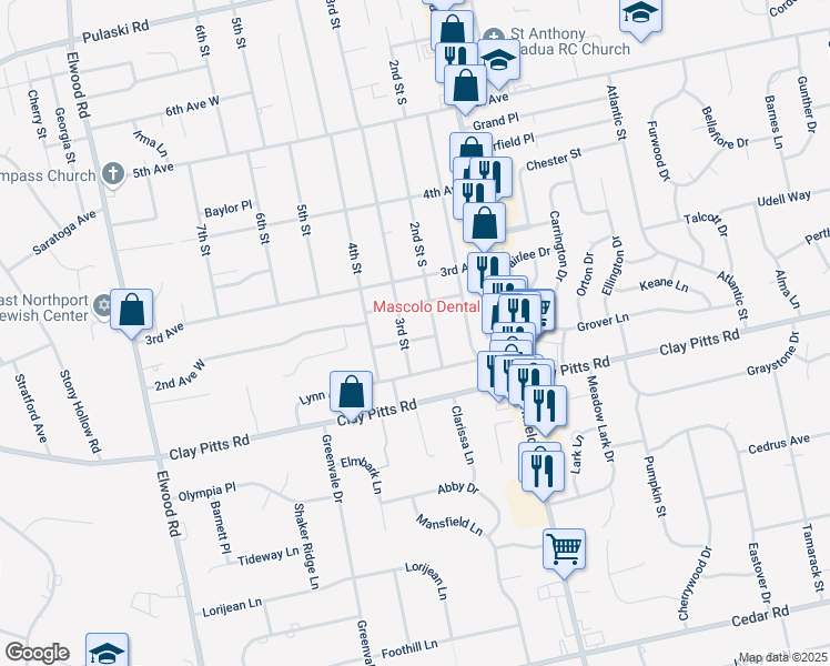 map of restaurants, bars, coffee shops, grocery stores, and more near 205 1st Avenue in East Northport
