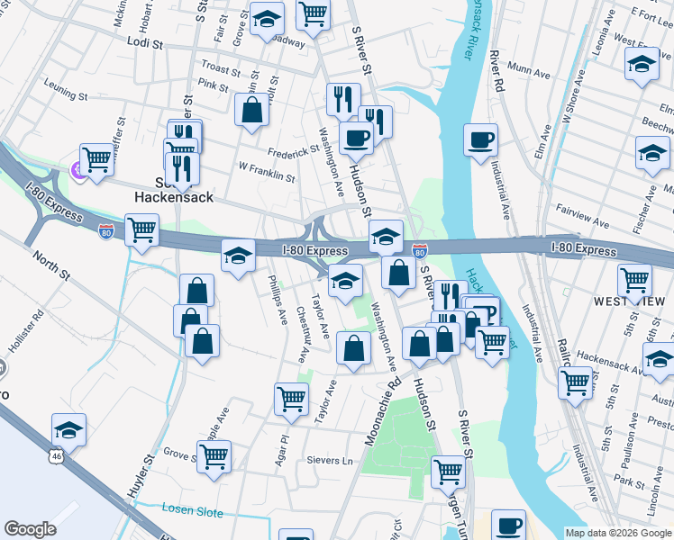 map of restaurants, bars, coffee shops, grocery stores, and more near 50 Vreeland Avenue in Hackensack