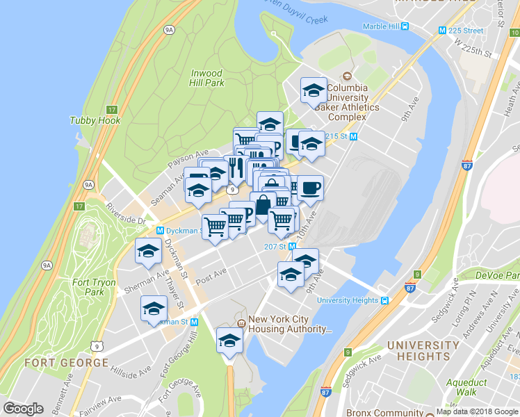 map of restaurants, bars, coffee shops, grocery stores, and more near 123 Vermilyea Avenue in New York