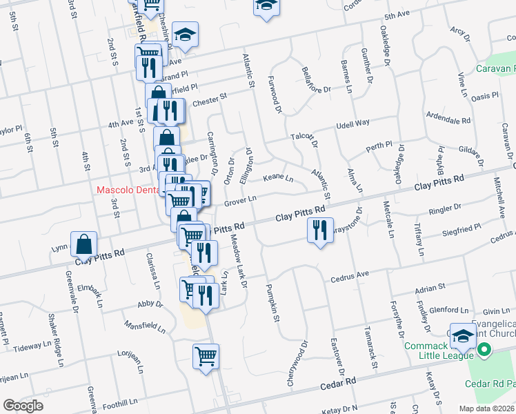 map of restaurants, bars, coffee shops, grocery stores, and more near 75 Roebling Place in East Northport