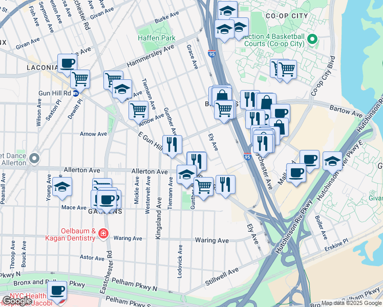map of restaurants, bars, coffee shops, grocery stores, and more near 2735 Wickham Avenue in Bronx
