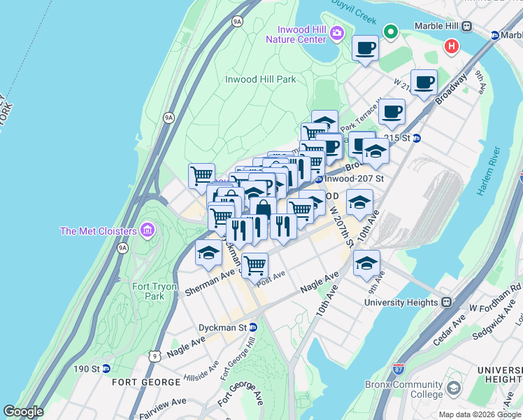 map of restaurants, bars, coffee shops, grocery stores, and more near 4840 Broadway in New York