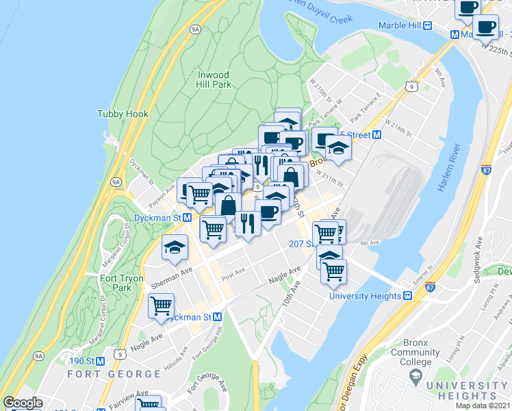 map of restaurants, bars, coffee shops, grocery stores, and more near 90 Vermilyea Avenue in New York