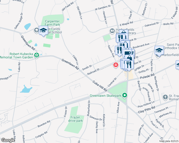 map of restaurants, bars, coffee shops, grocery stores, and more near 73 Railroad Street in Greenlawn