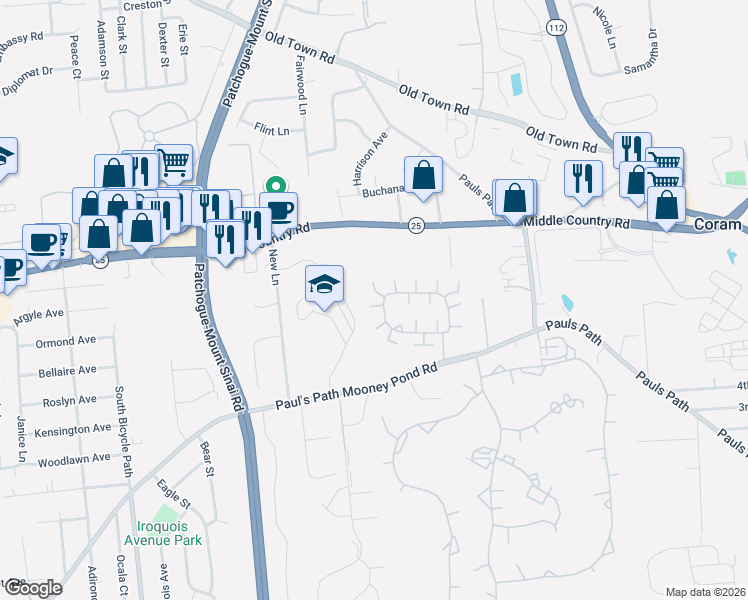 map of restaurants, bars, coffee shops, grocery stores, and more near 124 Theodore Drive in Coram