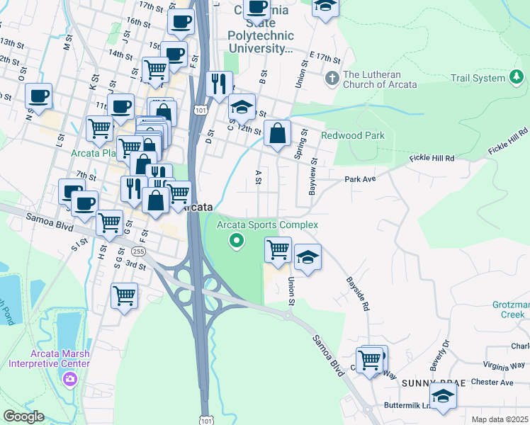map of restaurants, bars, coffee shops, grocery stores, and more near 76 7th Street in Arcata