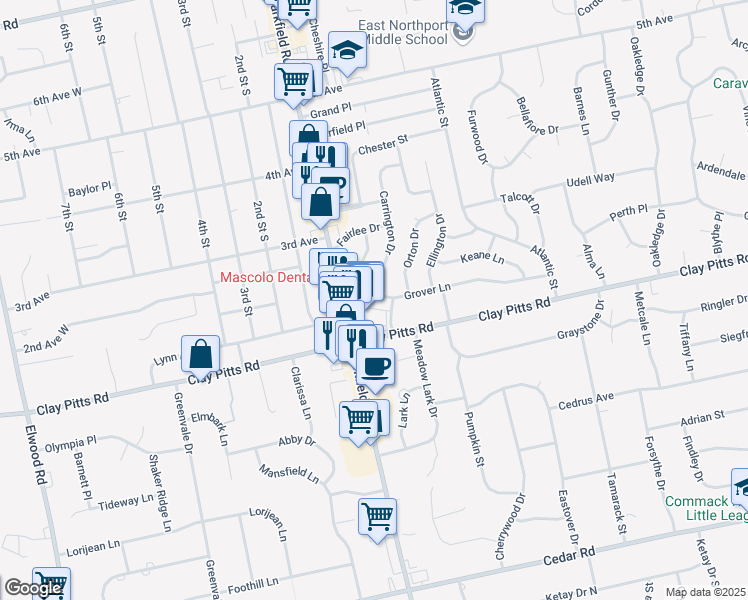 map of restaurants, bars, coffee shops, grocery stores, and more near 30 Grover Lane in East Northport
