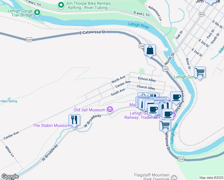 map of restaurants, bars, coffee shops, grocery stores, and more near 503 Center Avenue in Jim Thorpe