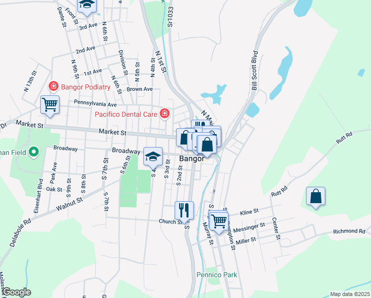map of restaurants, bars, coffee shops, grocery stores, and more near in Bangor