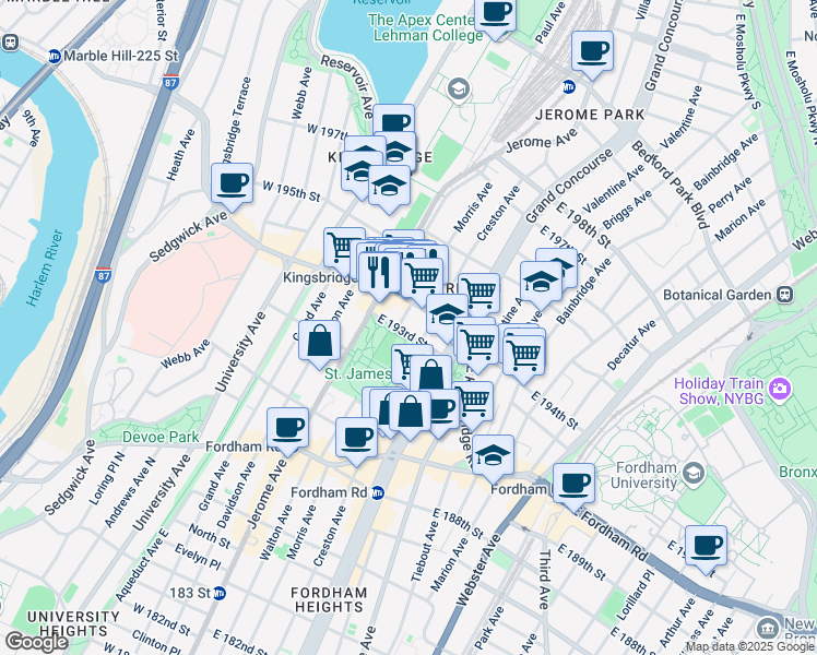 map of restaurants, bars, coffee shops, grocery stores, and more near 2633 Creston Avenue in The Bronx
