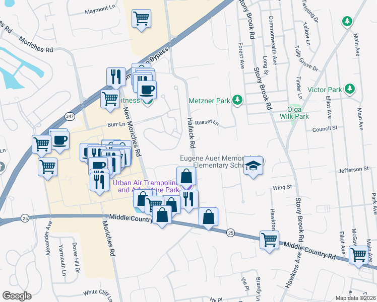 map of restaurants, bars, coffee shops, grocery stores, and more near 132 Hallock Road in Lake Grove