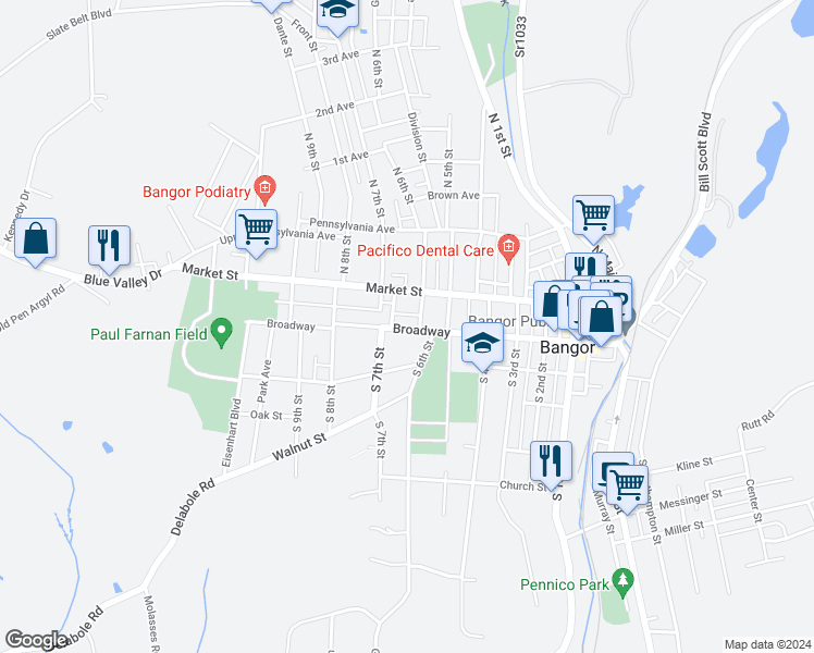map of restaurants, bars, coffee shops, grocery stores, and more near 616 Broadway in Bangor