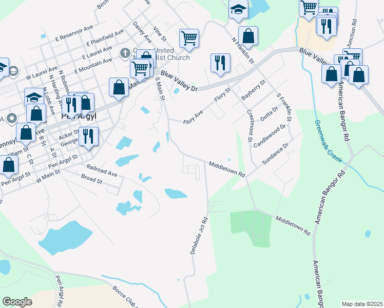map of restaurants, bars, coffee shops, grocery stores, and more near 410 South Main Street in Pen Argyl