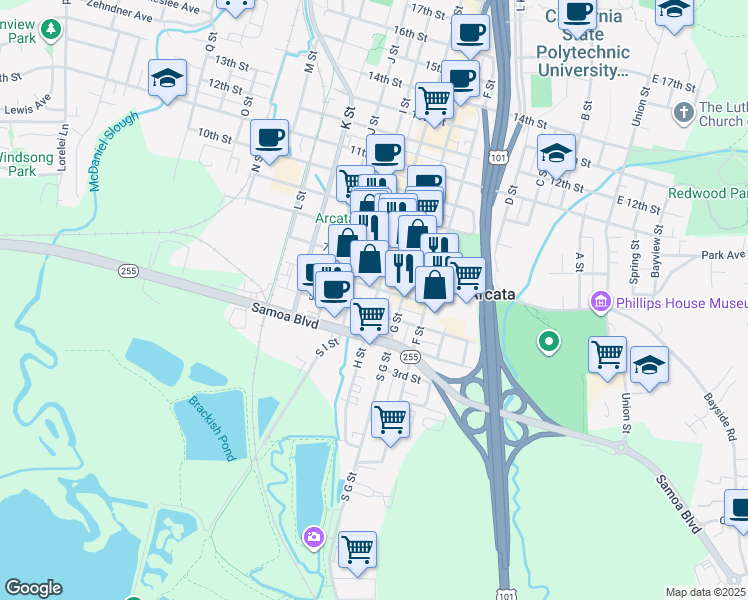 map of restaurants, bars, coffee shops, grocery stores, and more near 532 H Street in Arcata