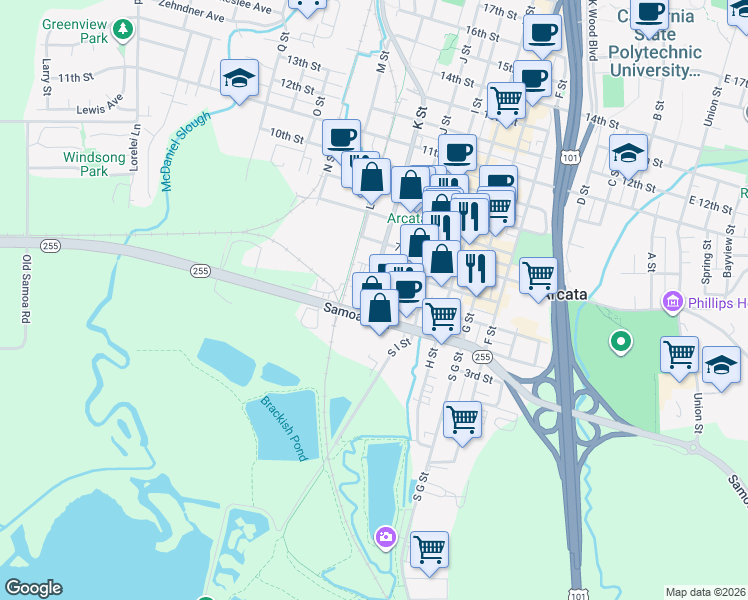 map of restaurants, bars, coffee shops, grocery stores, and more near 421 J Street in Arcata