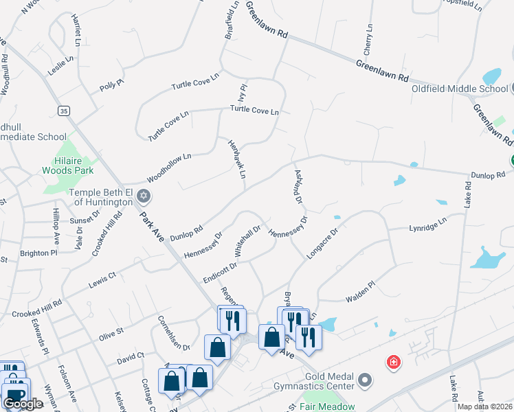 map of restaurants, bars, coffee shops, grocery stores, and more near 23 Hennessey Drive in Huntington