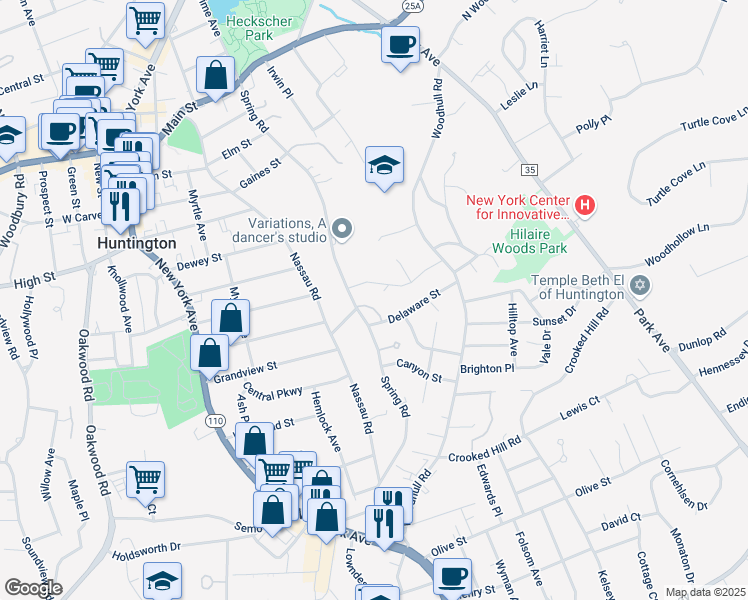 map of restaurants, bars, coffee shops, grocery stores, and more near 12 Springwood Lane in Huntington