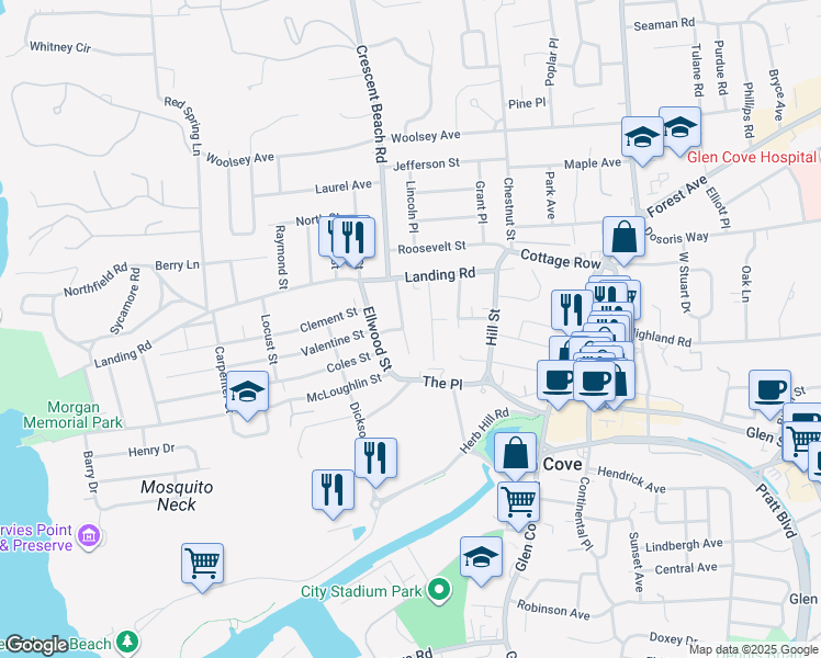 map of restaurants, bars, coffee shops, grocery stores, and more near 8 Elizabeth Street in Glen Cove
