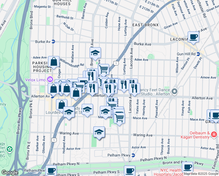 map of restaurants, bars, coffee shops, grocery stores, and more near 2710 Paulding Avenue in Bronx