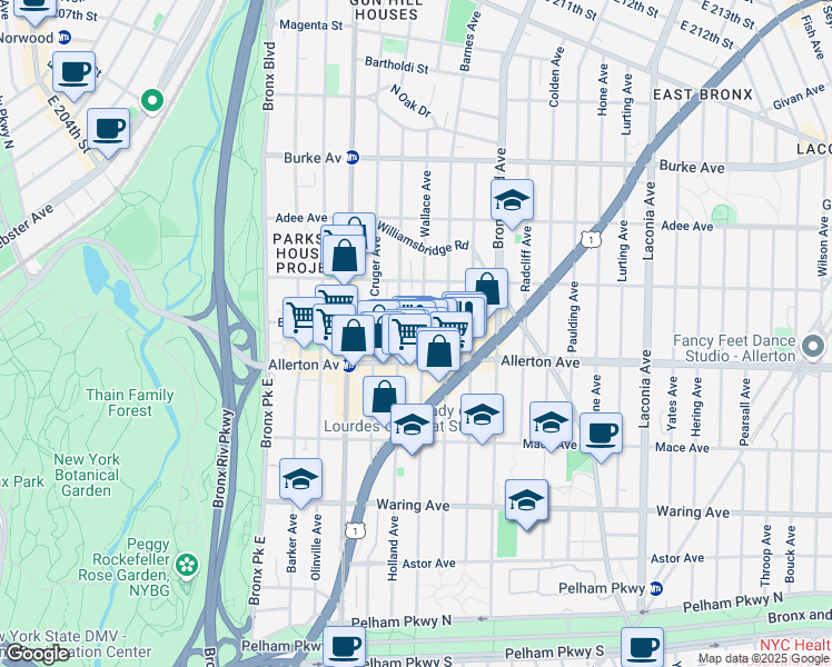 map of restaurants, bars, coffee shops, grocery stores, and more near in The Bronx