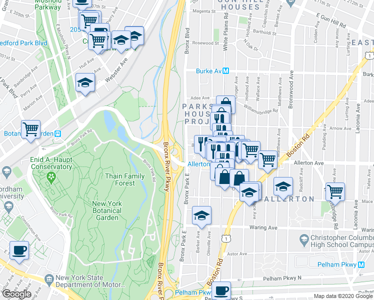 map of restaurants, bars, coffee shops, grocery stores, and more near 2734 Bronx Park East in Bronx