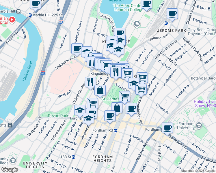 map of restaurants, bars, coffee shops, grocery stores, and more near 2601 Jerome Avenue in Bronx