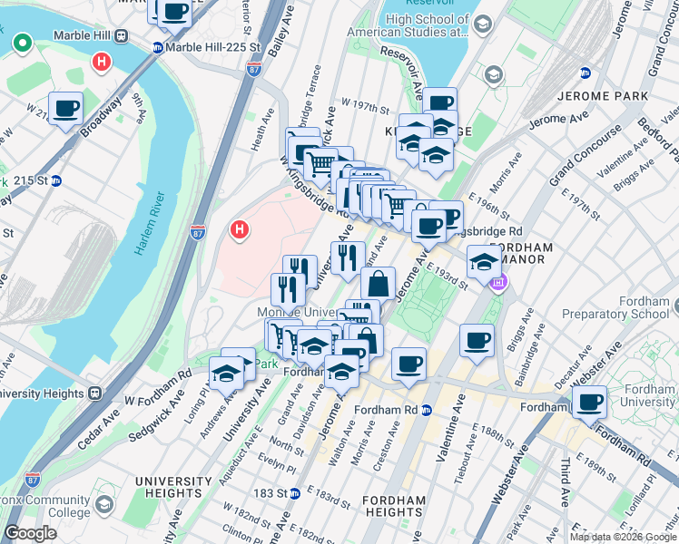 map of restaurants, bars, coffee shops, grocery stores, and more near 2541 Aqueduct Avenue in Bronx