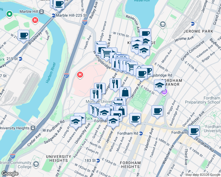 map of restaurants, bars, coffee shops, grocery stores, and more near 2541 Aqueduct Avenue in Bronx