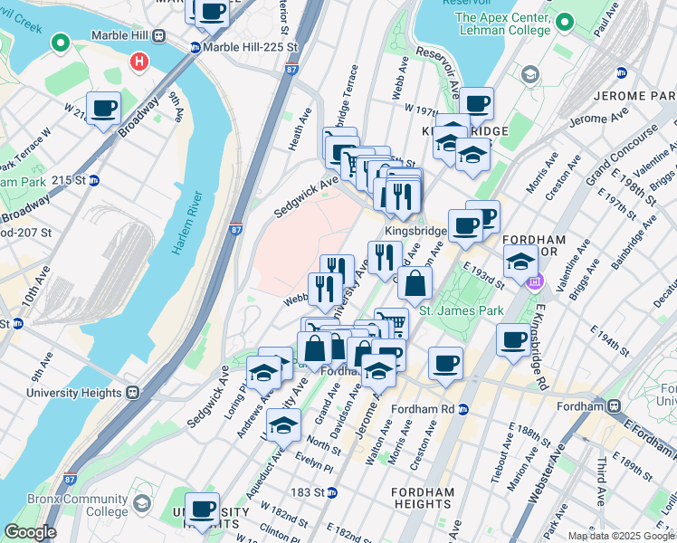 map of restaurants, bars, coffee shops, grocery stores, and more near 2515 University Avenue in Bronx
