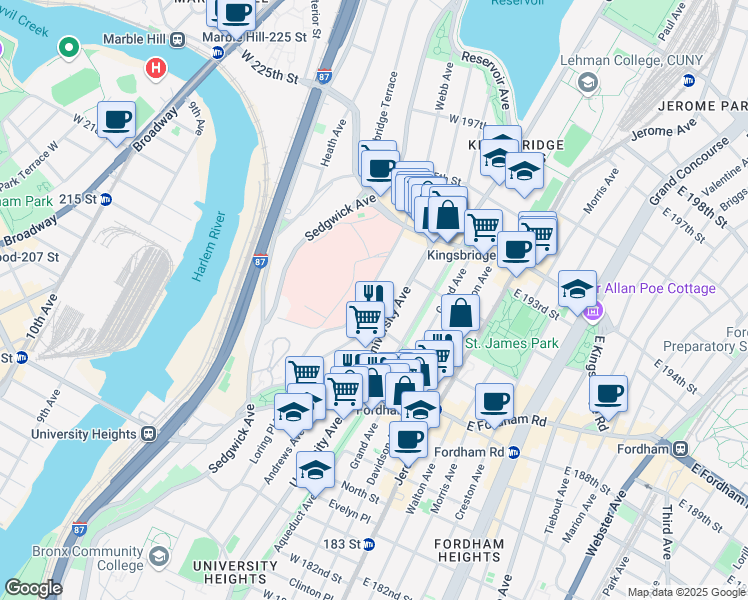 map of restaurants, bars, coffee shops, grocery stores, and more near 2515 University Avenue in Bronx