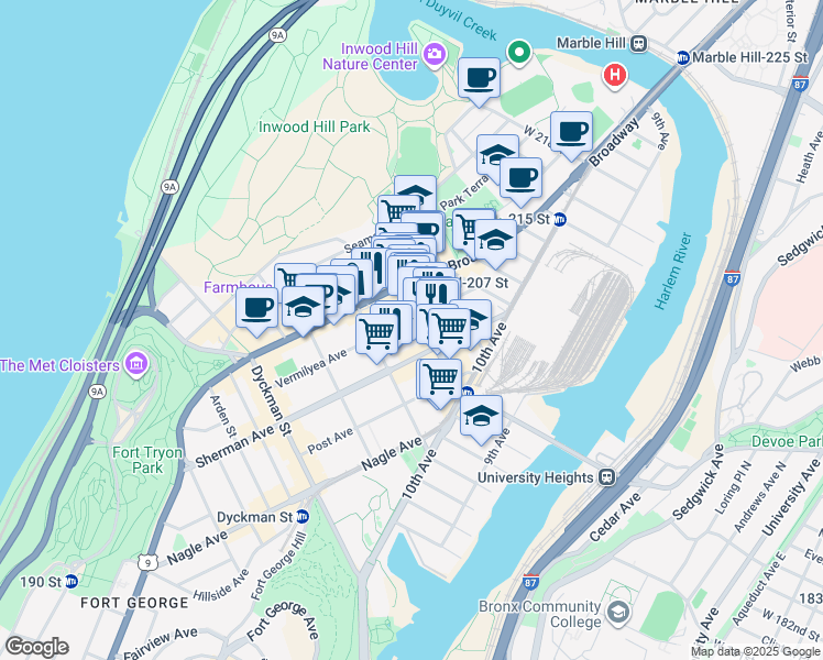 map of restaurants, bars, coffee shops, grocery stores, and more near 115 Vermilyea Avenue in New York