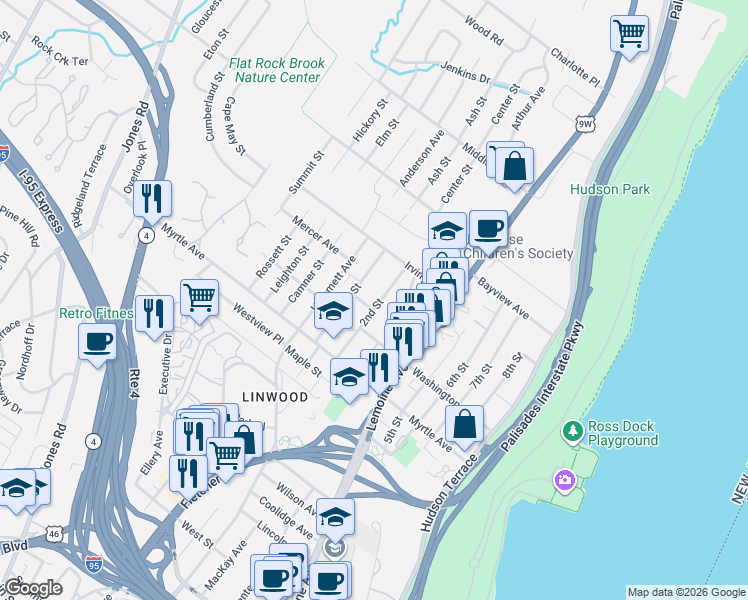 map of restaurants, bars, coffee shops, grocery stores, and more near 2453 2nd Street in Fort Lee