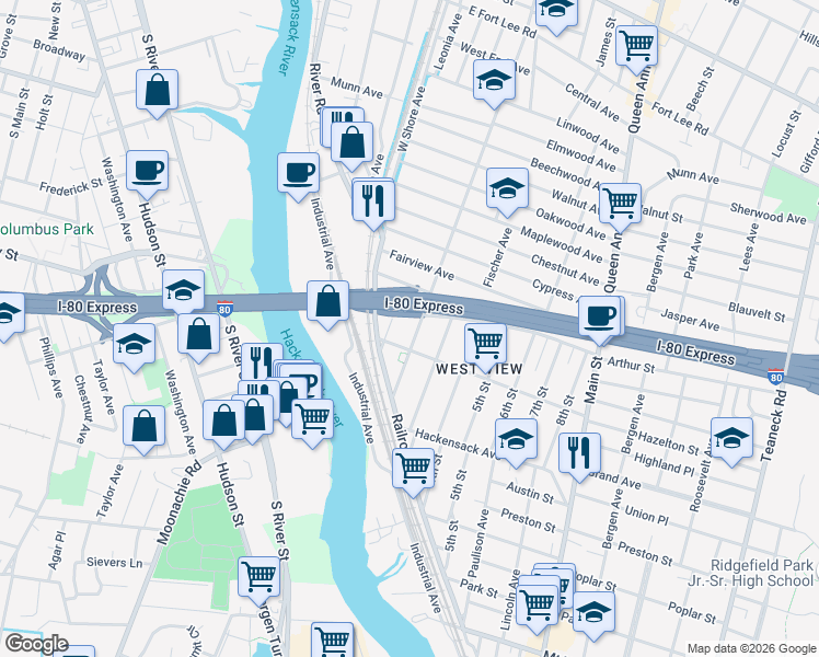 map of restaurants, bars, coffee shops, grocery stores, and more near 16 Central Avenue in Ridgefield Park