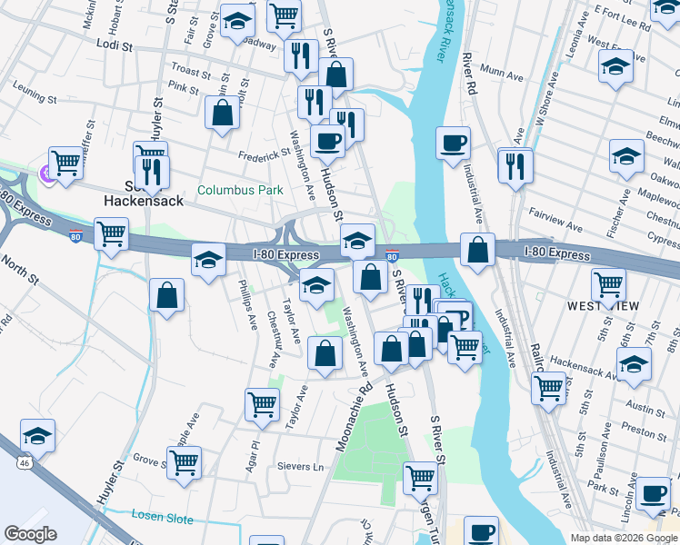map of restaurants, bars, coffee shops, grocery stores, and more near 394 Washington Avenue in Hackensack