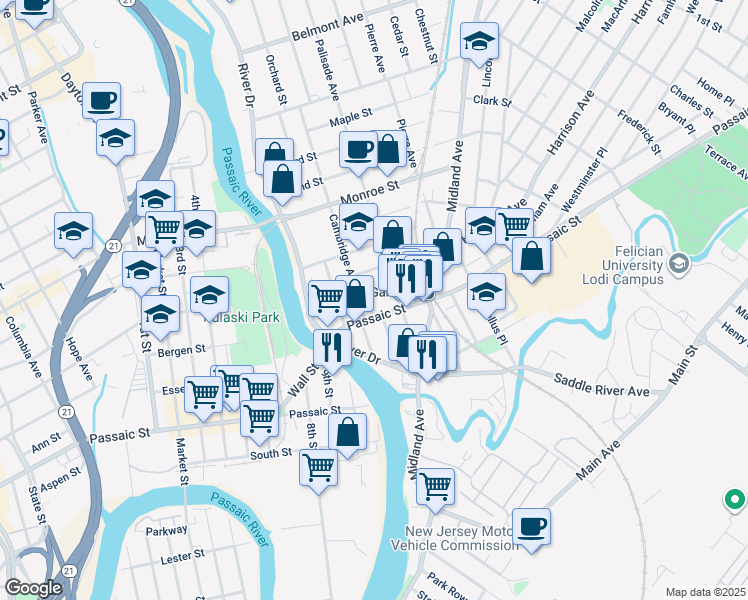 map of restaurants, bars, coffee shops, grocery stores, and more near 51 Passaic Street in Garfield