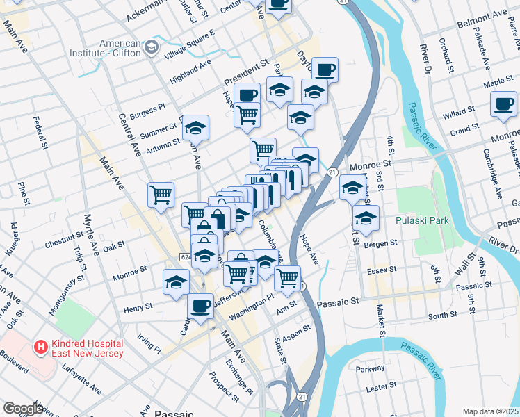 map of restaurants, bars, coffee shops, grocery stores, and more near 236 Monroe Street in Passaic