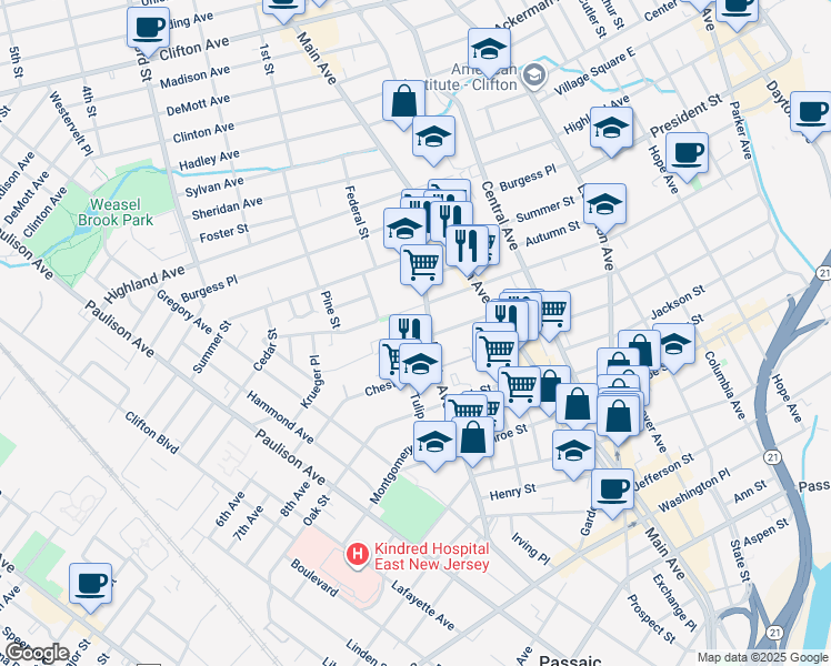 map of restaurants, bars, coffee shops, grocery stores, and more near 135 Myrtle Avenue in Passaic