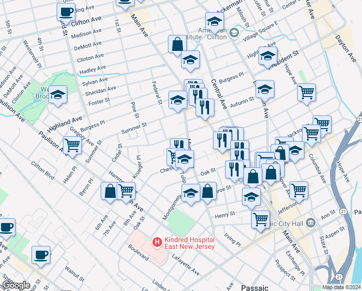 map of restaurants, bars, coffee shops, grocery stores, and more near 135 Myrtle Avenue in Passaic