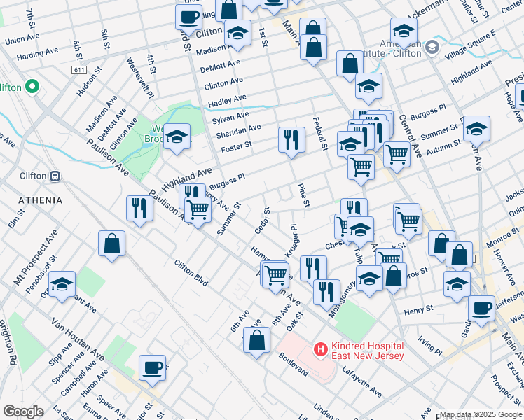 map of restaurants, bars, coffee shops, grocery stores, and more near 579 McKinley Street in Passaic