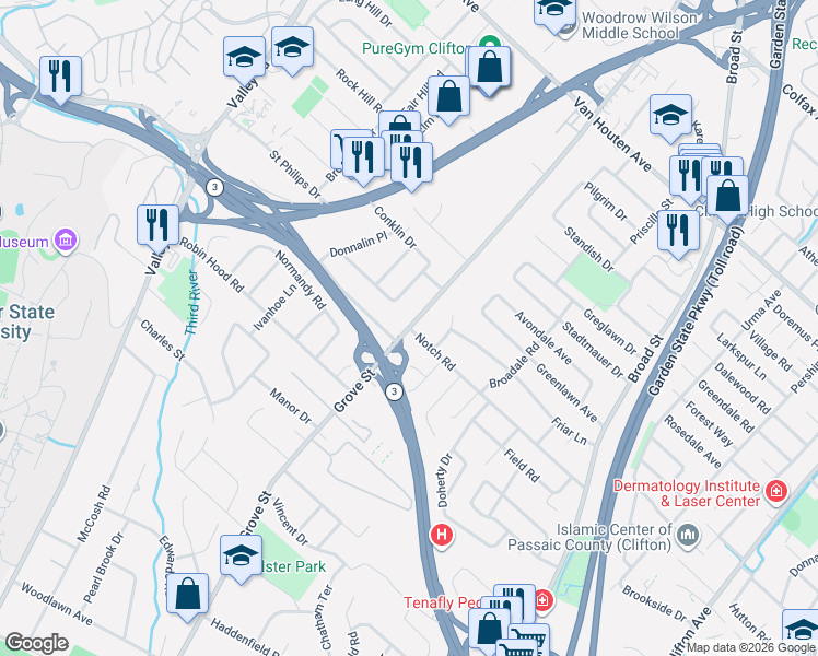 map of restaurants, bars, coffee shops, grocery stores, and more near 201 Notch Road in Clifton