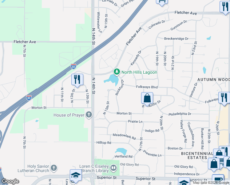 map of restaurants, bars, coffee shops, grocery stores, and more near 5410 Rockford Drive in Lincoln