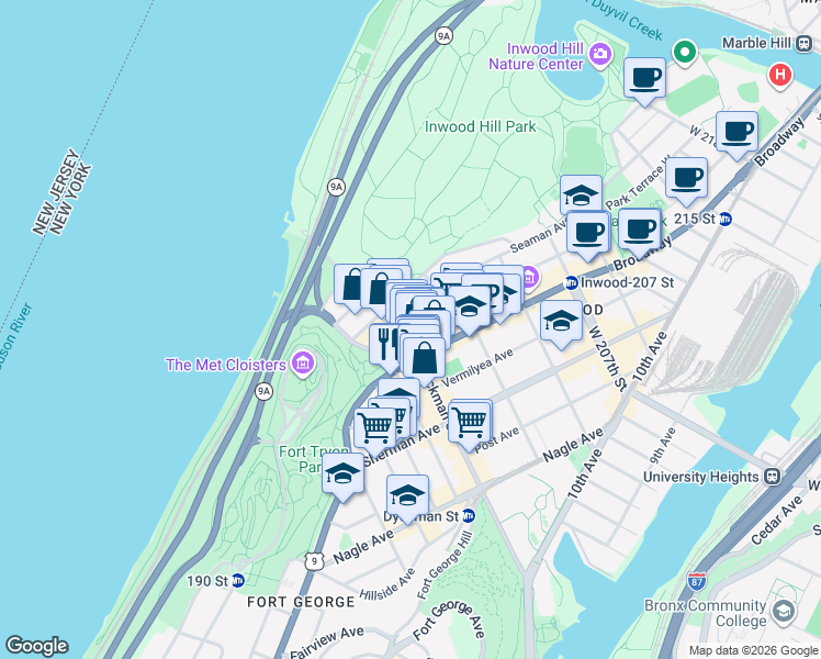 map of restaurants, bars, coffee shops, grocery stores, and more near 1 Seaman Avenue in New York
