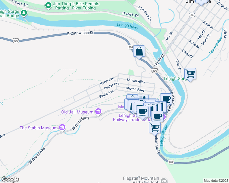 map of restaurants, bars, coffee shops, grocery stores, and more near 413 South Avenue in Jim Thorpe