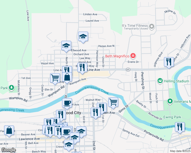 map of restaurants, bars, coffee shops, grocery stores, and more near 234 Wampum Avenue in Ellwood City