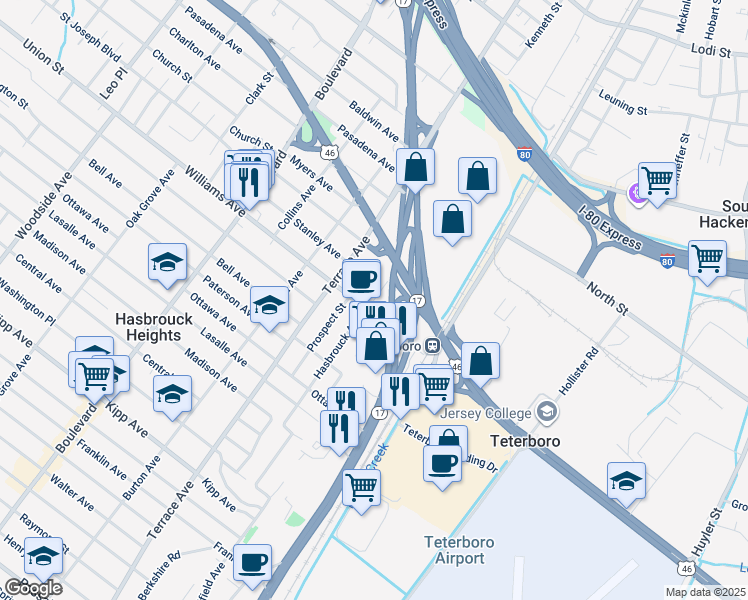 map of restaurants, bars, coffee shops, grocery stores, and more near 463 Hasbrouck Avenue in Hasbrouck Heights